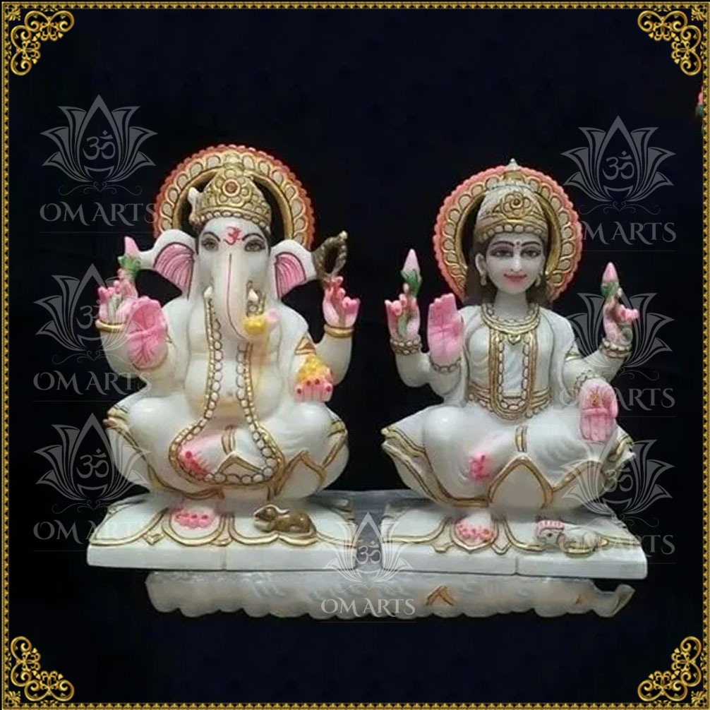 Marble Laxmi Ganesh Sitting On Lotus Statue